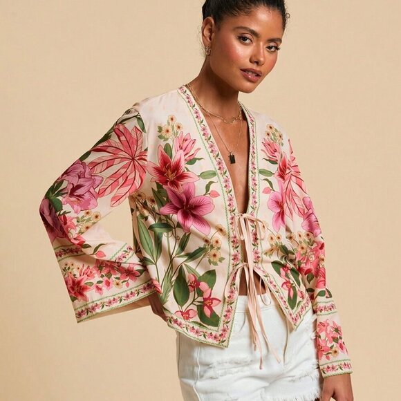 Boho Womens Floral Print Long Sleeve tie detailed Blouse Shirt - Picture 4 of 5